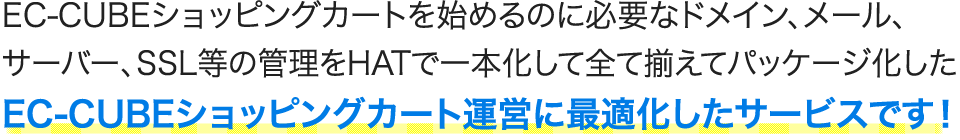 EC-CUBEショッピングカートを始めるのに必要なドメイン、メール、サーバー、SSL等の管理をHATで一本化して全て揃えてパッケージ化したEC-CUBEショッピングカート運営に最適化したサービスです！